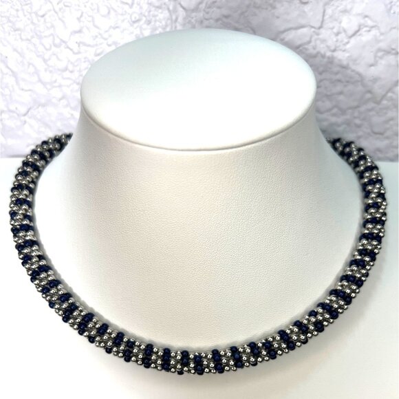 Vtg Talbots Ball Beaded Rope Choker Necklace 18" Navy Blue Silver Magnetic Clasp - Picture 1 of 8